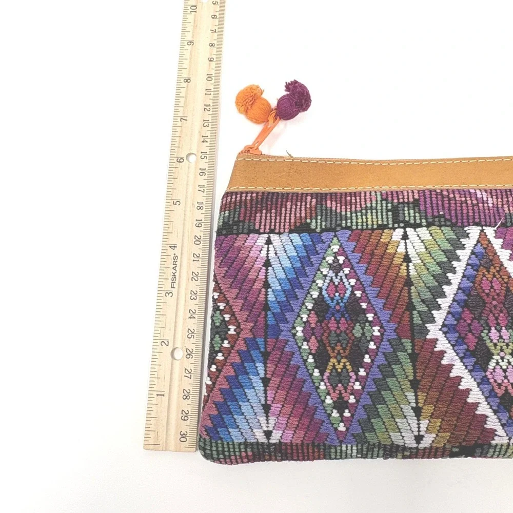 Woven Textile Geometric Wristlet Clutch Bag‎ Zippered Huipil Style Leather Trim